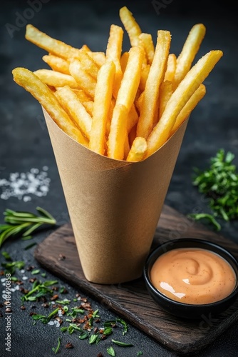 A delicious serving of crispy golden fries presented in a cone, accompanied by a bowl of spicy dipping sauce, artfully garnished with fresh herbs.