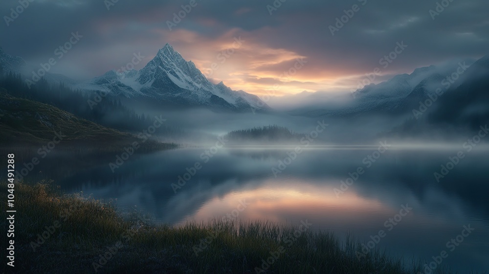 Fototapeta premium Early morning light casts a soft glow over a lake, mirroring the snow-capped peaks in the background, with a few wisps of fog lingering over the water