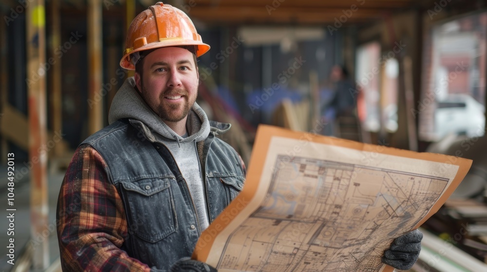 The construction worker proudly displays his finished project which perfectly matches the blueprint he held onto so tightly throughout the construction process. The construction worker proudly displays his finished project which perfectly matches the blueprint he held onto so tightly throughout the construction process.