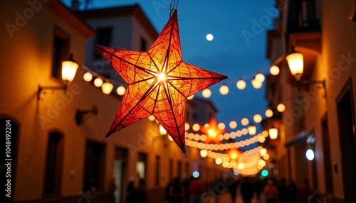 Las Posadas celebration featuring a glowing star-shaped piñata above a festive street, creating a warm and inviting atmosphere