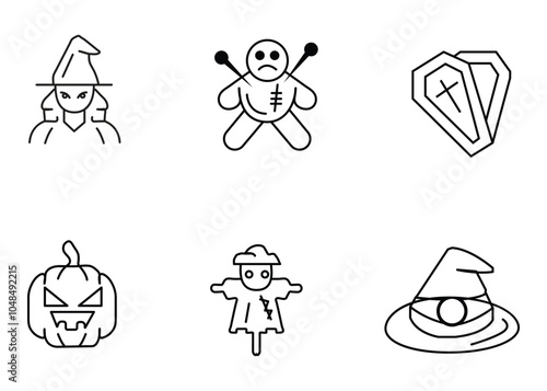 Six black and white outline icons depicting Halloween symbols a witch, a voodoo doll, two coffins, a pumpkin, a scarecrow, and a witchs hat.