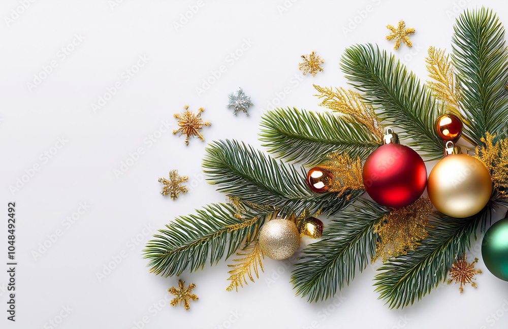 Christmas layout of fir branches with Christmas balls on a white background with space for text Christmas layout of fir branches with Christmas balls on a white background with space for text