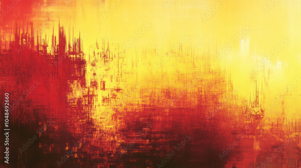 Obraz premium Abstract red and yellow textured background with a blurred cityscape in the distance.