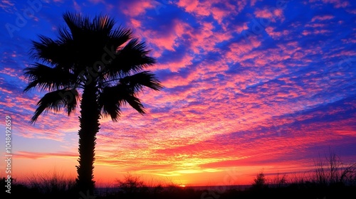 Sunrise silhouette of a sugar palm tree with clouds creates a beautiful color effect in the sky ideal for a copy space image
