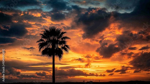 Sunrise silhouette of a sugar palm tree with clouds creates a beautiful color effect in the sky ideal for a copy space image
 photo