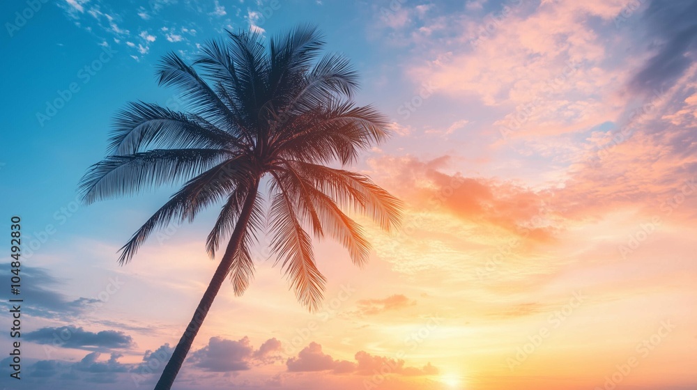 Sunrise silhouette of a sugar palm tree with clouds creates a beautiful color effect in the sky ideal for a copy space image
Sunrise silhouette of a sugar palm tree with clouds creates a beautiful color effect in the sky ideal for a copy space image