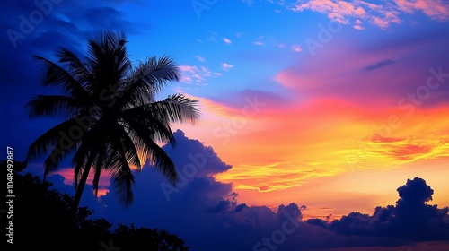 Sunrise silhouette of a sugar palm tree with clouds creates a beautiful color effect in the sky ideal for a copy space image
 photo