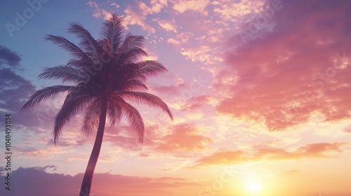 Sunrise silhouette of a sugar palm tree with clouds creates a beautiful color effect in the sky ideal for a copy space image
