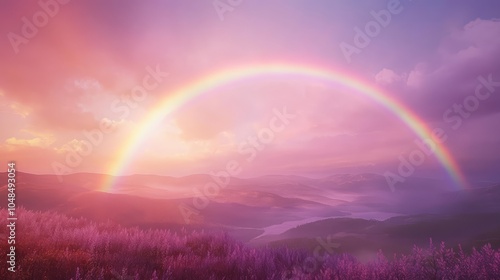 A faint rainbow arching over a serene landscape at dusk, with soft pink and lavender tones in the evening sky