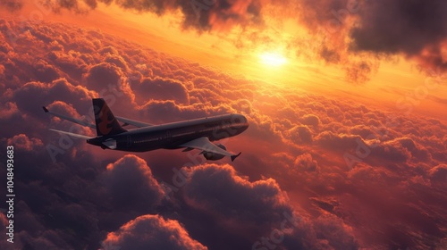 A commercial airplane flying high in the sky during a vibrant sunset