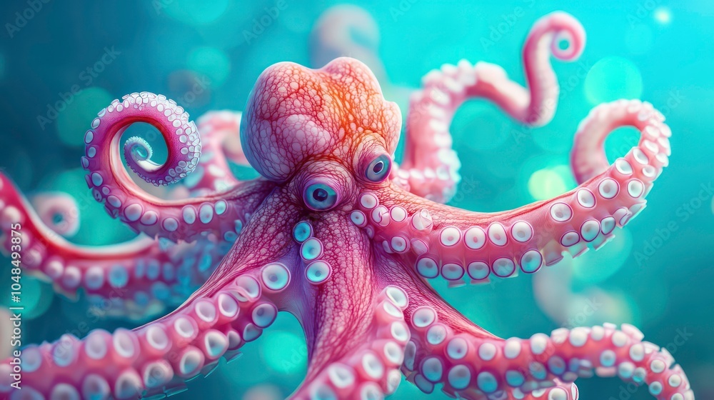 Naklejka premium A pink octopus with large eyes and suction cups on its arms, against a blue background.