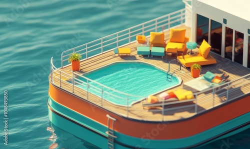 Boat deck with pool and lounge chairs.