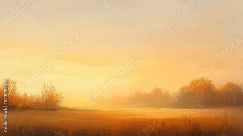 A glowing morning sky with warm amber and peach tones, casting a soft, golden light over a peaceful rural landscape