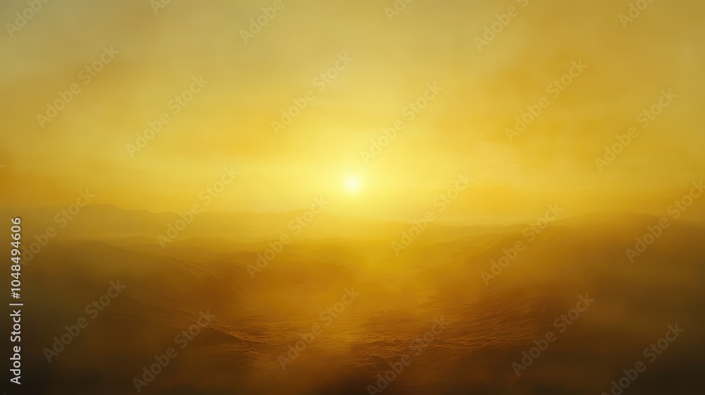 A golden hazy sky with the sun glowing faintly through layers of mist, casting a warm, diffused light over the distant hills A golden hazy sky with the sun glowing faintly through layers of mist, casting a warm, diffused light over the distant hills