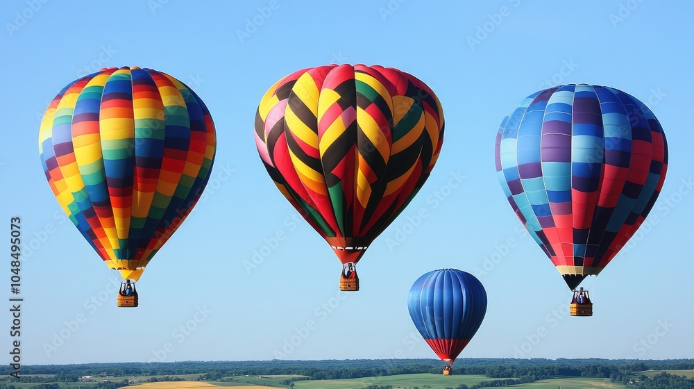 Fototapeta premium A group of hot air balloons in a bright midday sky, their vibrant colors contrasting with the deep blue of the atmosphere above a patchwork of fields