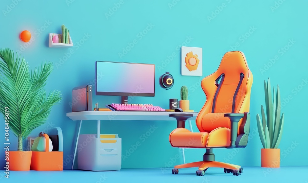Fototapeta premium Modern gaming setup with orange chair and desk.