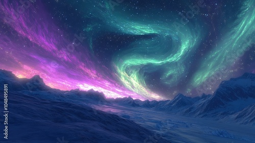 A magical aurora borealis flowing across the sky with waves of green and purple light, creating a glowing canopy over a frozen landscape