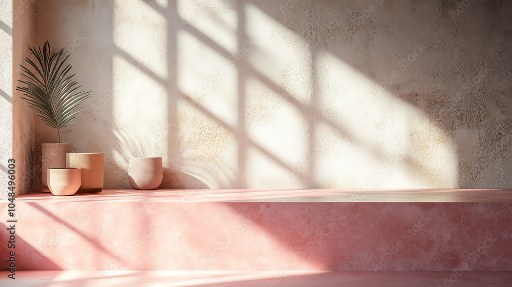 Minimalist interior with warm light casting shadows on pink surfaces, decorated with a palm leaf and ceramic vases, evoking serenity and elegance. Minimalist interior with warm light casting shadows on pink surfaces, decorated with a palm leaf and ceramic vases, evoking serenity and elegance.