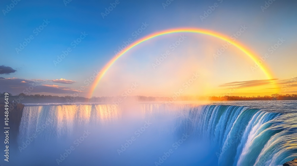 A majestic rainbow over a waterfall, the mist catching the light and creating a stunning arc of colors in the sky A majestic rainbow over a waterfall, the mist catching the light and creating a stunning arc of colors in the sky