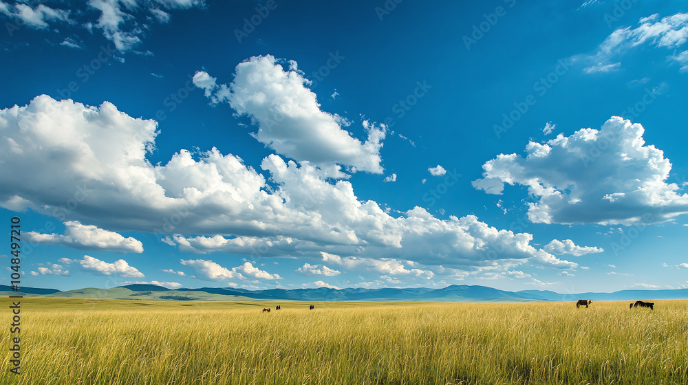 Obraz premium Expansive grasslands under a vast, cloudy sky.