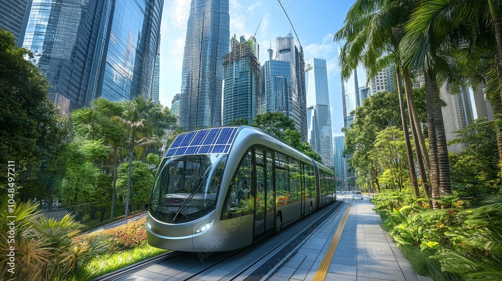 Obraz premium A Glimpse into the Future: Solar-Powered Electric Bus Navigating a Smart City.Concept of sustainable urban mobility, renewable energy, eco-friendly transportation, smart city infrastructure.