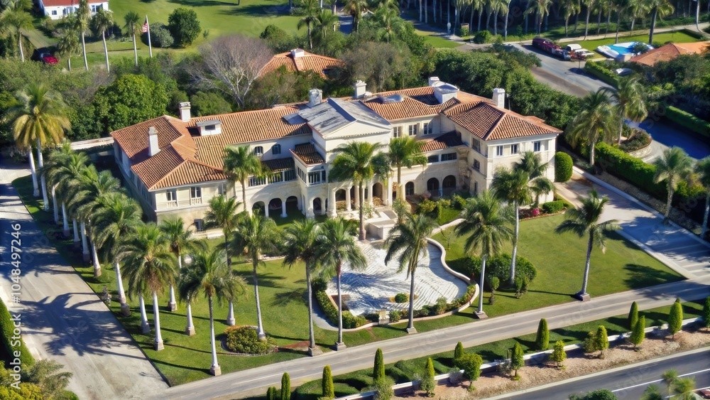 Fototapeta premium Arafed view of a large mansion with a driveway and palm trees.