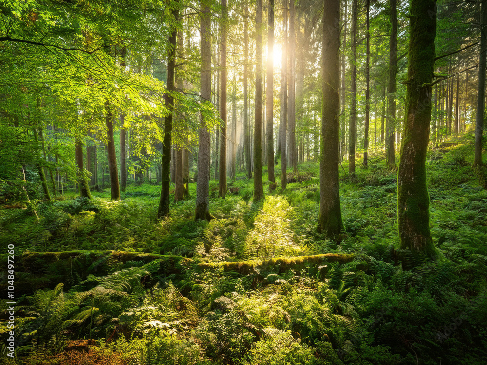 Naklejka premium forest with tall trees and sunlight