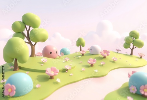 Cartoon landscape with pink, white and blue 3D characters in a whimsical meadow. photo