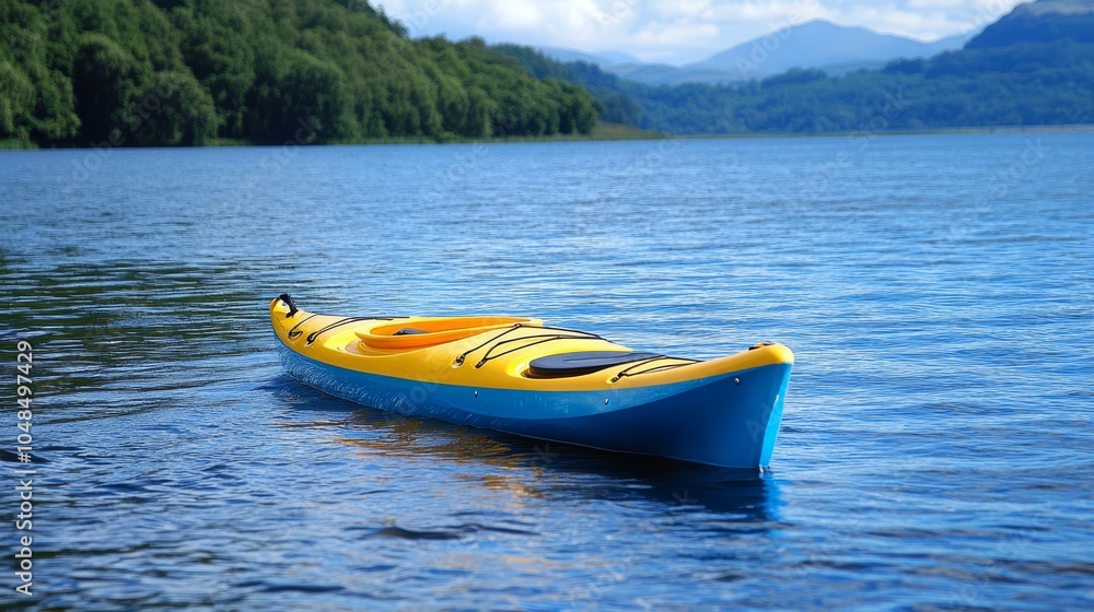Colorful Kayak on Serene Lake Under Blue Sky Colorful Kayak on Serene Lake Under Blue Sky