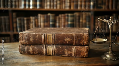 Two antique leather-bound books and a scale of justice on a wooden table in front of a bookcase filled with books. photo