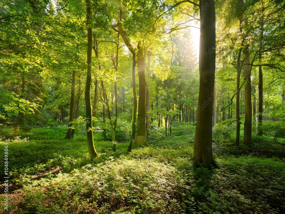 Fototapeta premium forest with tall trees and sunlight