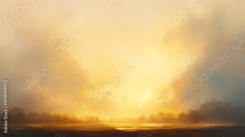 A misty hazy sky at dusk with warm, golden light breaking through the clouds, softly illuminating the landscape below