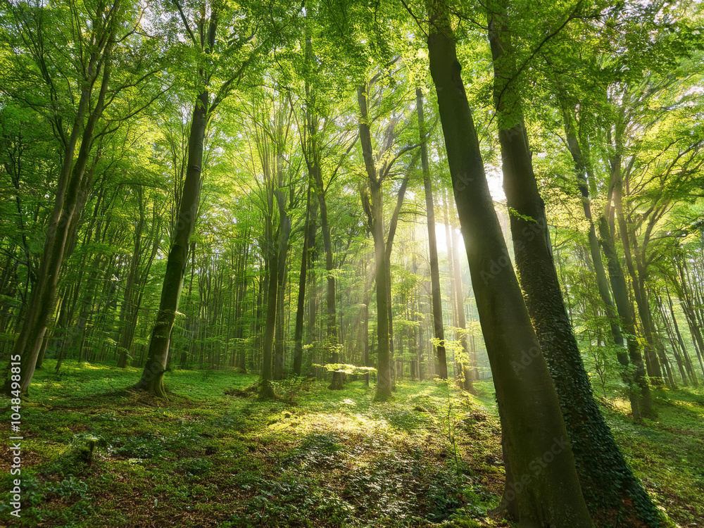 Fototapeta premium forest with tall trees and sunlight