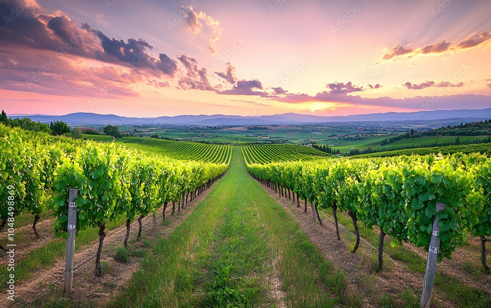 Naklejka premium Vineyard rows at sunset