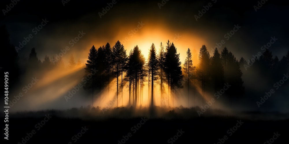 Fototapeta premium Golden light breaks through a misty forest.