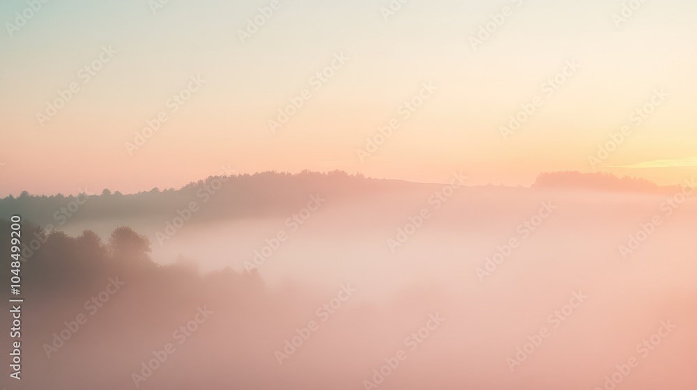Fototapeta premium A misty morning sky with pale orange and pink hues barely visible through the light fog, creating a soft and dreamy scene
