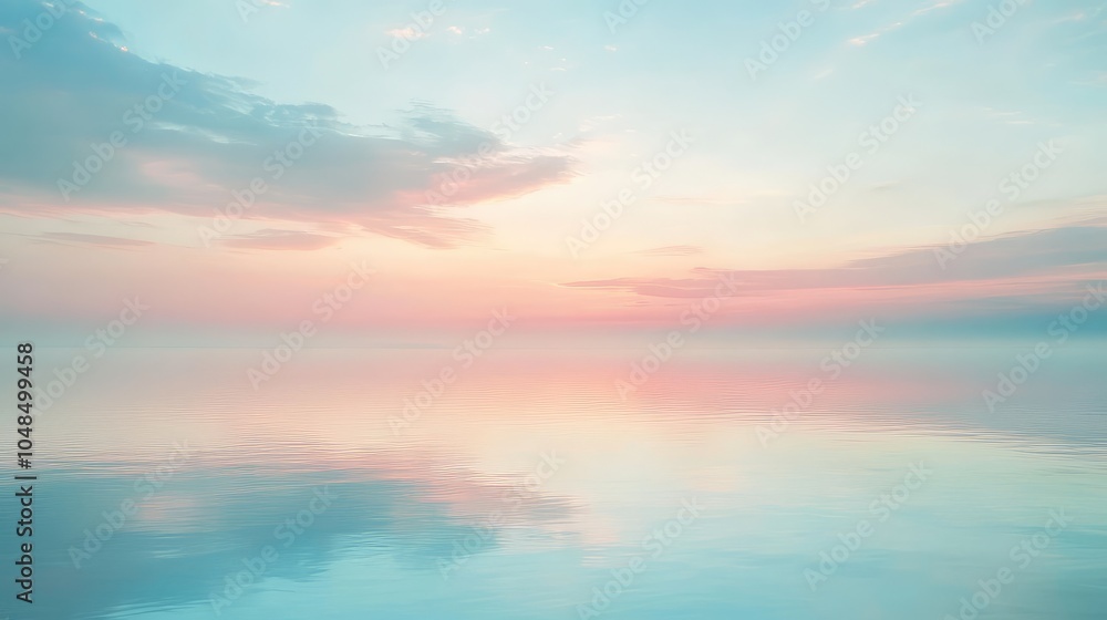 Obraz premium A misty sky over a calm bay at twilight, with soft pastel hues blending into the horizon and reflecting faintly on the water below