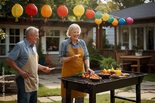 a warm, middle-aged woman with a friendly smile, stands by the backyard grill, wearing a light apron and holding a tray piled with food