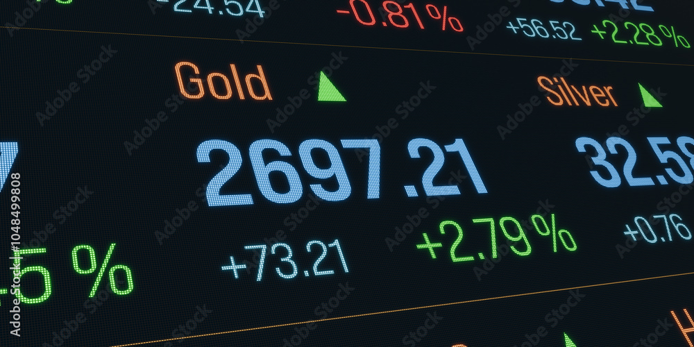 Gold price moving up. Close-up screen, commodity, trading board, financial market, data, stock market. Concept, 3D illustration Gold price moving up. Close-up screen, commodity, trading board, financial market, data, stock market. Concept, 3D illustration