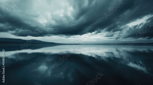 A moody sky over a wide expanse of water, with dark clouds gathering and their reflections shimmering on the surface