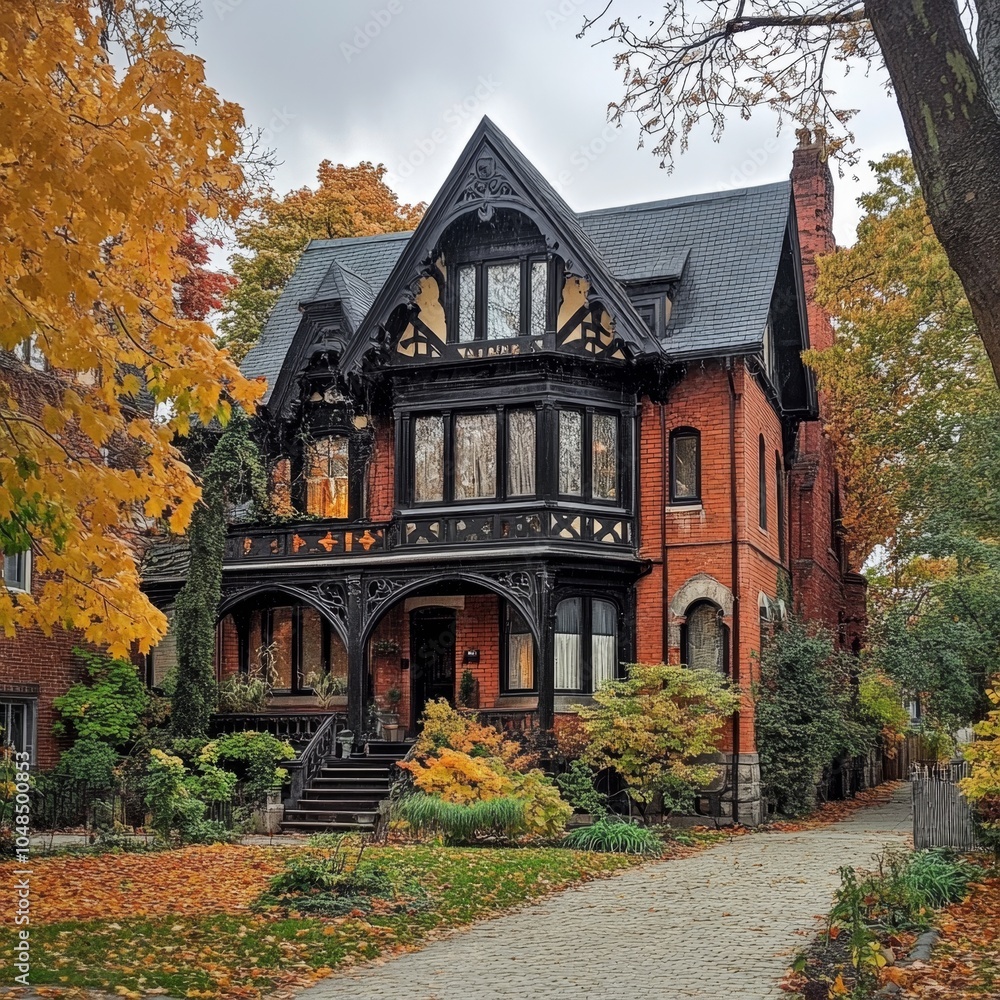 A brick Victorian home with intricate wood trim and a black roof surrounded by colorful fall foliage. A brick Victorian home with intricate wood trim and a black roof surrounded by colorful fall foliage.