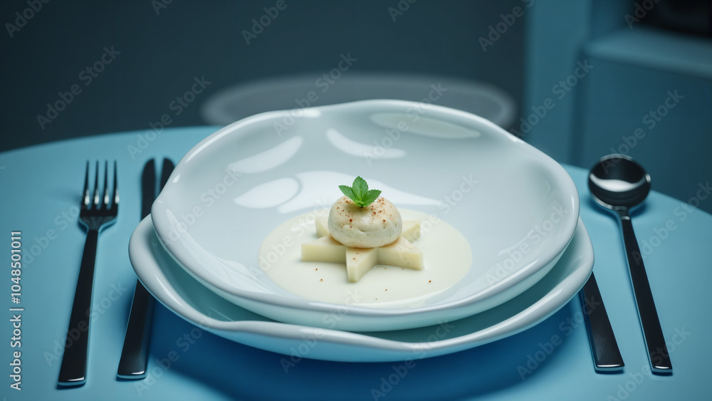 An Elegant White Plate Artistically Arranged on a Blue Table with Chic Black and White Appliances An Elegant White Plate Artistically Arranged on a Blue Table with Chic Black and White Appliances