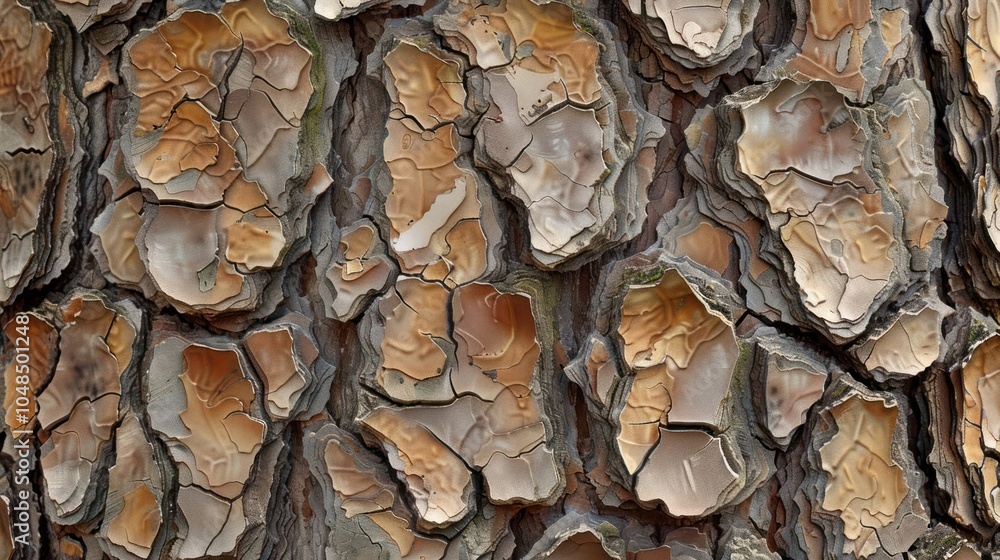 Close-up of rough, textured bark on a tree trunk, with shades of brown, grey, and green.