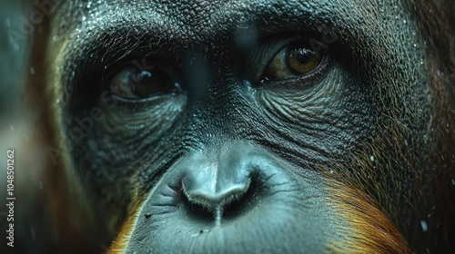 Close-up portrait of an orangutan looking directly at the camera with intense brown eyes.