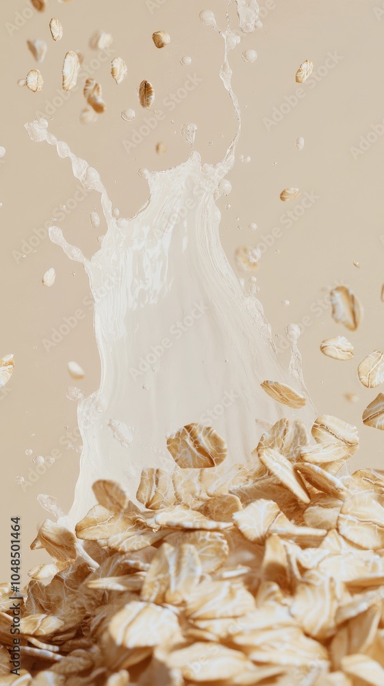 Falling oat flakes with milk splash on white background,Rolled oats falling into splashing milk,Dried oat plant Organic vegan liquid,Healthy breakfast meal,milkshake,yogurt spiral,diet drink. Falling oat flakes with milk splash on white background,Rolled oats falling into splashing milk,Dried oat plant Organic vegan liquid,Healthy breakfast meal,milkshake,yogurt spiral,diet drink.