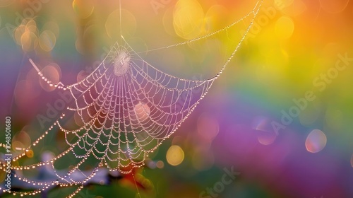 A spider web with dewdrops on a colorful blurred background.