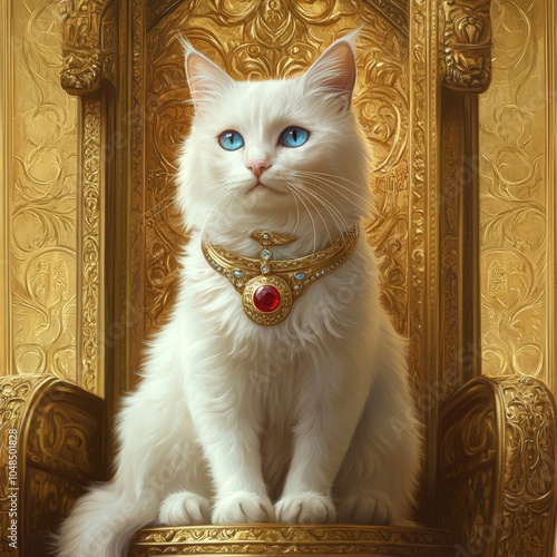 A white cat with blue eyes sits on a golden throne, wearing a jeweled collar. photo