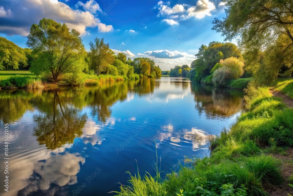 Tranquil riverside scene with peaceful atmosphere Tranquil riverside scene with peaceful atmosphere