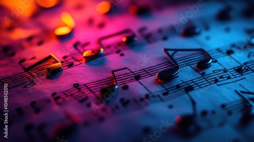 Wallpaper Mural Close-up of musical notes on sheet music illuminated with pink and blue lights. Torontodigital.ca