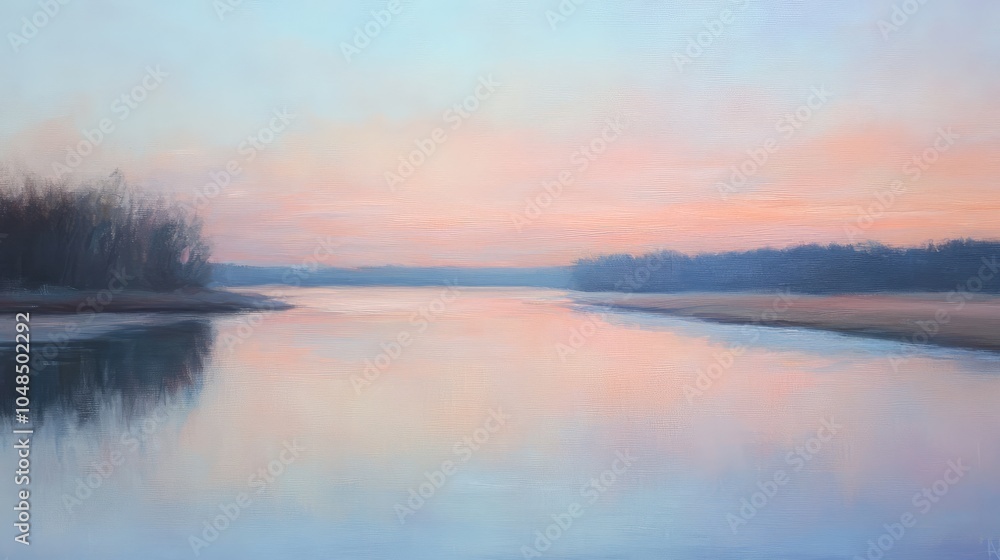 Obraz premium A pastel sky over a tranquil river at dawn, with light pinks and blues reflecting softly on the still waters below